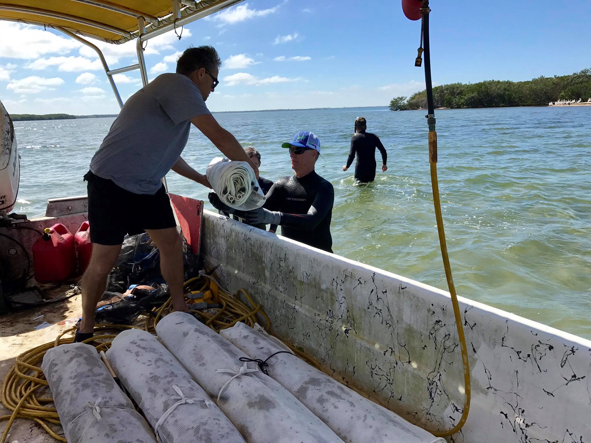 Man On Boat Handing Mesh Bags For Juvenile Clams To Snorkeler In Tampa Bay