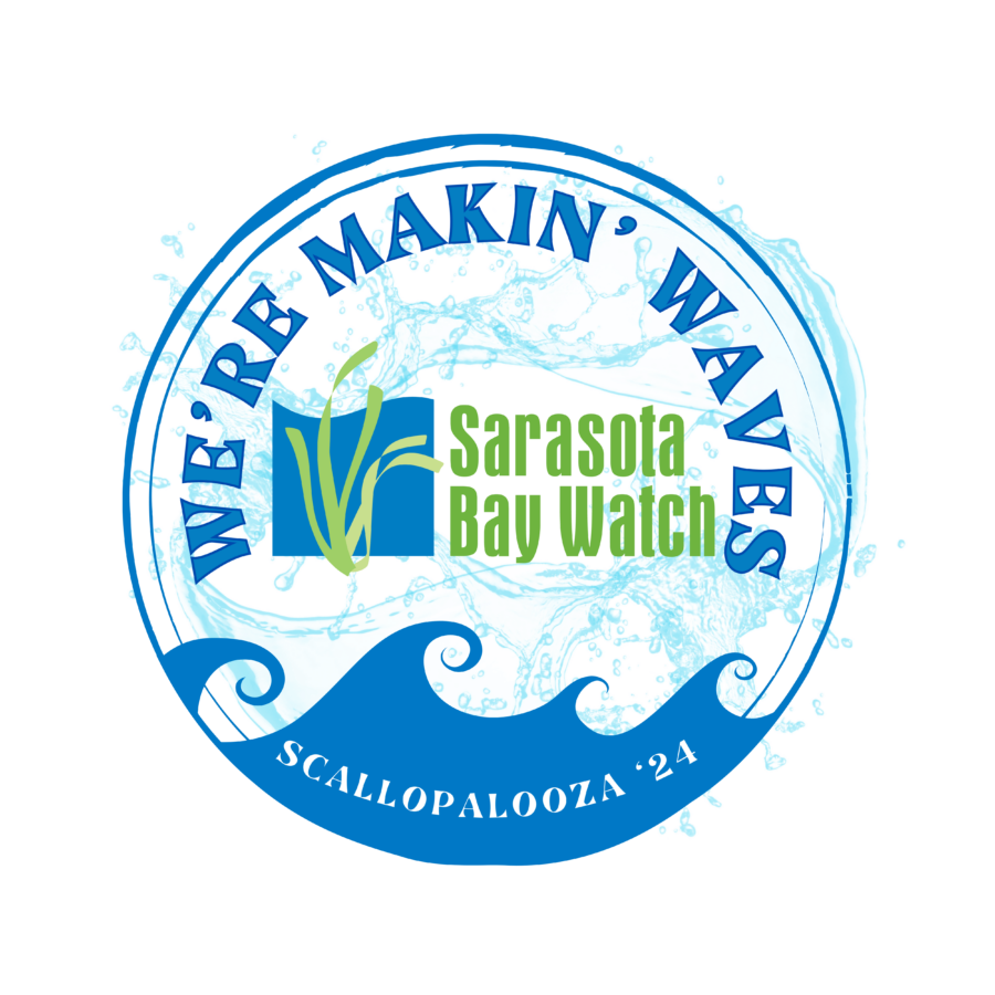 Sarasota Bay Watch Logo for Scallopalooza 2024. In blue text “We’re makin’ Waves” are arched above the main Sarasota Bay Watch logo located in the middle of a blue circle. In white text “Scallopalooza ‘24” is arched below the main logo in blue waves. Light blue lines styled to be waves are in the background to the text. All is encapsulated by a blue circle.
